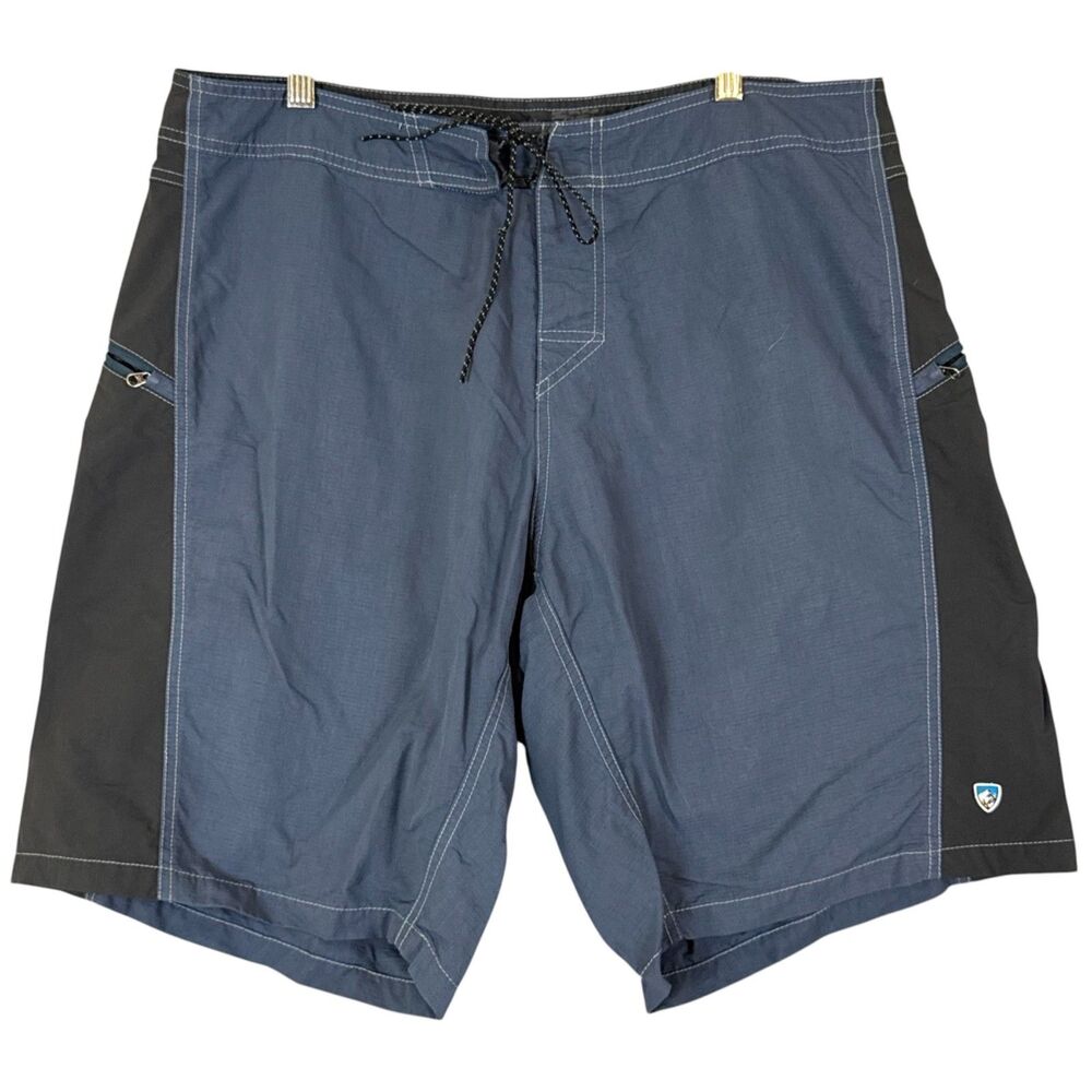 KUHL Board Shorts Mens 38 Blue Black Swim Surf Flat Front Mutiny Trunks Pockets